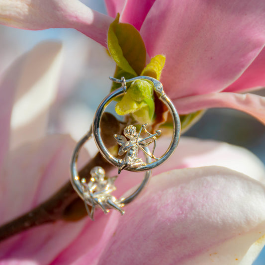 Adorable Cupid Mismatch Hoop Earrings, Ancient Greek Myth Characters: Eros and Anteros.