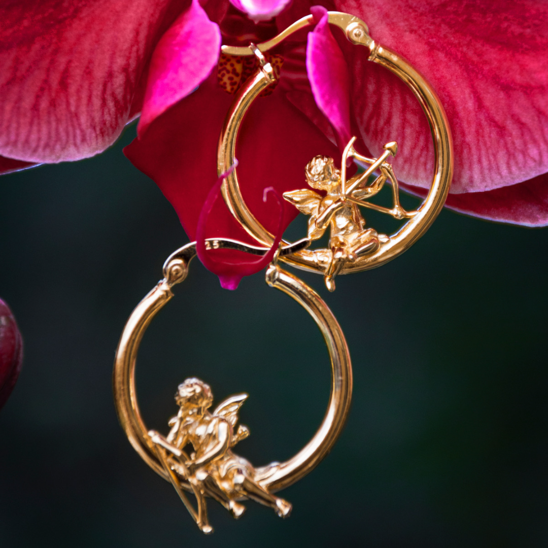 Adorable Cupid Mismatch Hoop Earrings, Ancient Greek Myth Characters: Eros and Anteros.